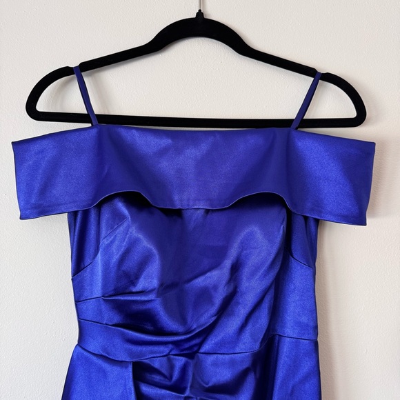 Eliza J Blue Satin Off-the-Shoulder Cocktail Dress Sz 2 | Knee Length Evening - Picture 3 of 16